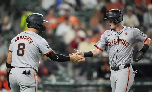 San Francisco Giants' Michael Conforto (8) and Tyler Fitzgerald, right, celebrate after both scoring on a single hit in by Casey Schmitt during the fourth inning of a baseball game against the Baltimore Orioles, Wednesday, Sept. 18, 2024, in Baltimore. (AP Photo/Stephanie Scarbrough)