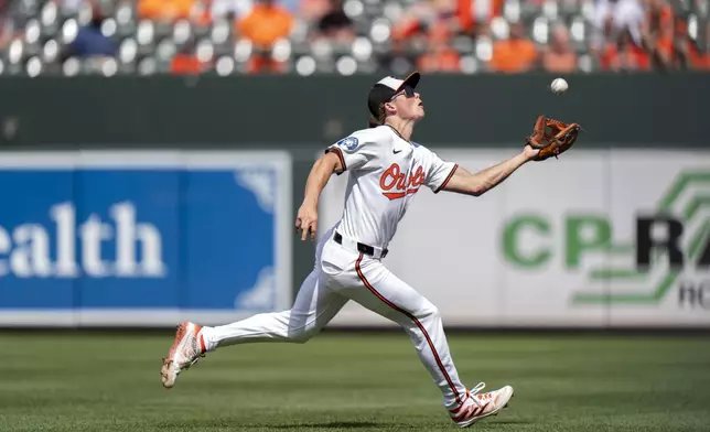 Baltimore Orioles second baseman Jackson Holliday (7) catches a fly ball hit in by San Francisco Giants' Tyler Fitzgerald for an out in the fourth inning of a baseball game, Thursday, Sept. 19, 2024, in Baltimore. (AP Photo/Stephanie Scarbrough)