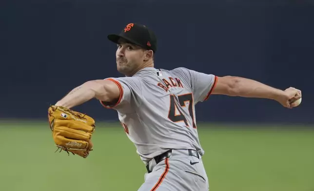 San Francisco Giants starting pitcher Mason Black works against a San Diego Padres batter during the first inning of a baseball game Friday, Sept. 6, 2024, in San Diego. (AP Photo/Gregory Bull)