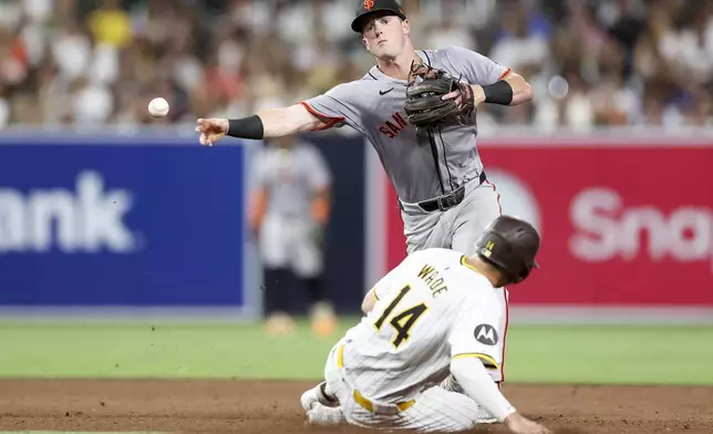 San Francisco Giants shortstop Tyler Fitzgerald, top, throws out San Diego Padres' Mason McCoy at first base to complete a double play after forcing out Tyler Wade, bottom, during the sixth inning of a baseball game Saturday, Sept. 7, 2024, in San Diego. (AP Photo/Ryan Sun)