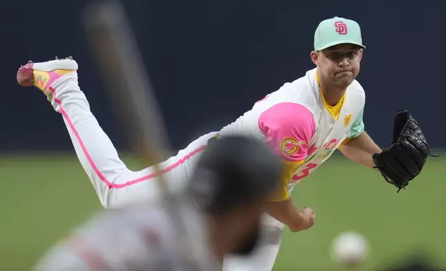 San Diego Padres starting pitcher Michael King works against a San Francisco Giants batter during the first inning of a baseball game Friday, Sept. 6, 2024, in San Diego. (AP Photo/Gregory Bull)