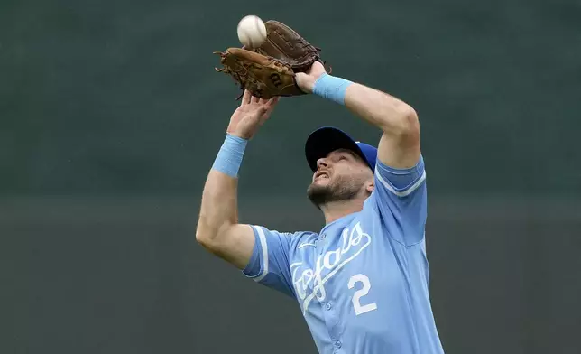 Kansas City Royals center fielder Garrett Hampson catches a fly ball for the out on San Francisco Giants' Tyler Fitzgerald during the fifth inning of a baseball game Sunday, Sept. 22, 2024, in Kansas City, Mo. (AP Photo/Charlie Riedel)