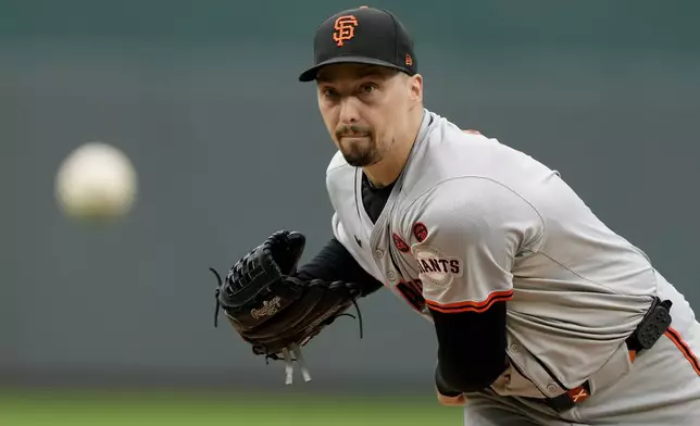 San Francisco Giants starting pitcher Blake Snell throws during the first inning of a baseball game against the Kansas City Royals Sunday, Sept. 22, 2024, in Kansas City, Mo. (AP Photo/Charlie Riedel)