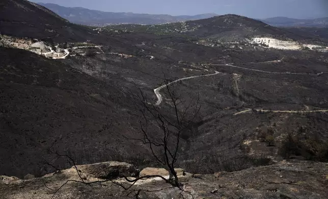 The blackened mountains, which had been burned in a mid-August wildfire, are seen at Dionysos northern suburb of Athens, Thursday, Aug. 22, 2024. (AP Photo/Thanassis Stavrakis)