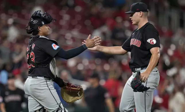 Cleveland Guardians relief pitcher Erik Sabrowski, right, and catcher Bo Naylor celebrate a 5-1 victory over the St. Louis Cardinals in a baseball game Friday, Sept. 20, 2024, in St. Louis. (AP Photo/Jeff Roberson)