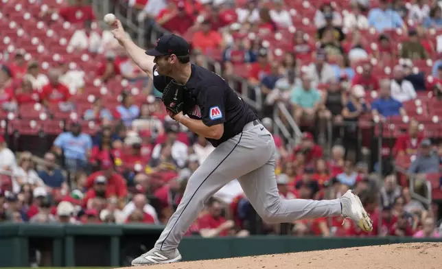 Cleveland Guardians starting pitcher Gavin Williams throws during the first inning of a baseball game against the St. Louis Cardinals Sunday, Sept. 22, 2024, in St. Louis. (AP Photo/Jeff Roberson)