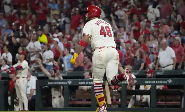 St. Louis Cardinals' Ivan Herrera rounds the bases after hitting a three-run home run during the seventh inning of a baseball game against the Cleveland Guardians Saturday, Sept. 21, 2024, in St. Louis. (AP Photo/Jeff Roberson)