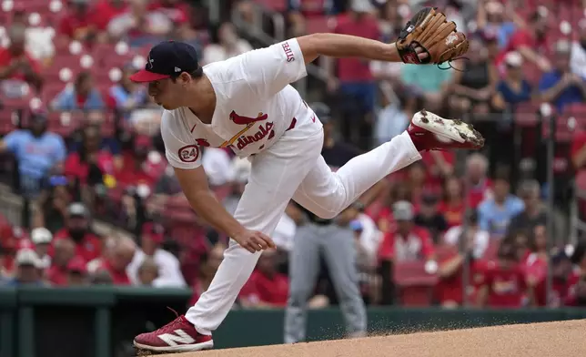 St. Louis Cardinals starting pitcher Andre Pallante throws during the first inning of a baseball game against the Cleveland Guardians Sunday, Sept. 22, 2024, in St. Louis. (AP Photo/Jeff Roberson)