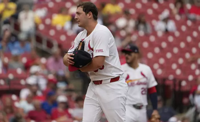 St. Louis Cardinals starting pitcher Andre Pallante pauses after giving up a single to Cleveland Guardians' Myles Straw during the sixth inning of a baseball game Sunday, Sept. 22, 2024, in St. Louis. (AP Photo/Jeff Roberson)