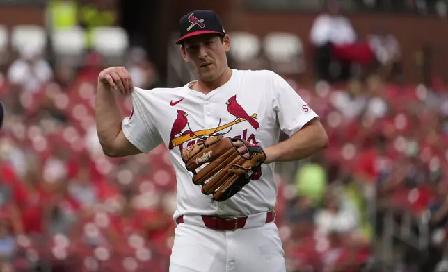 St. Louis Cardinals starting pitcher Andre Pallante heads off the field after working the fifth inning of a baseball game against the Cleveland Guardians Sunday, Sept. 22, 2024, in St. Louis. (AP Photo/Jeff Roberson)