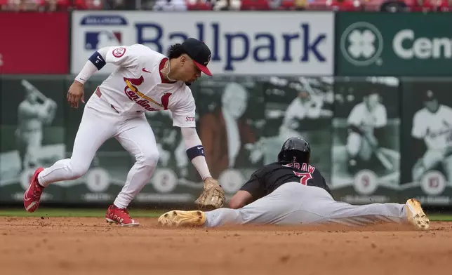 Cleveland Guardians' Myles Straw (7) steals second ahead of the tag from St. Louis Cardinals shortstop Masyn Winn during the sixth inning of a baseball game Sunday, Sept. 22, 2024, in St. Louis. (AP Photo/Jeff Roberson)