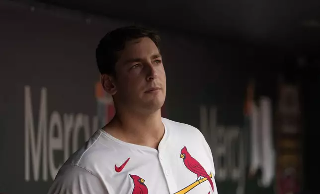 St. Louis Cardinals starting pitcher Andre Pallante stands in the dugout after working the fifth inning of a baseball game against the Cleveland Guardians Sunday, Sept. 22, 2024, in St. Louis. (AP Photo/Jeff Roberson)