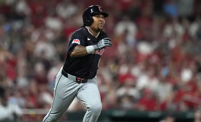 Cleveland Guardians' Jose Ramirez rounds the bases after hitting a solo home run during the fifth inning of a baseball game against the St. Louis Cardinals Friday, Sept. 20, 2024, in St. Louis. (AP Photo/Jeff Roberson)