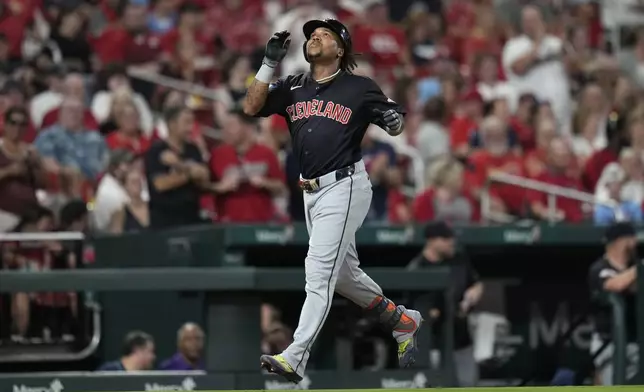 Cleveland Guardians' Jose Ramirez rounds the bases after hitting a solo home run during the fifth inning of a baseball game against the St. Louis Cardinals Friday, Sept. 20, 2024, in St. Louis. (AP Photo/Jeff Roberson)