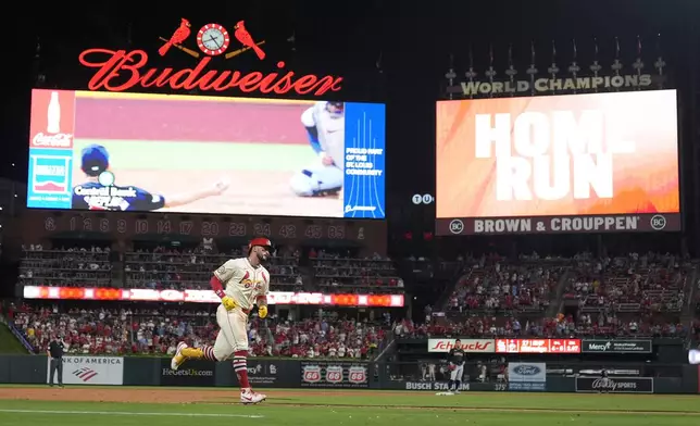 St. Louis Cardinals' Ivan Herrera rounds the bases after hitting a three-run home run during the seventh inning of a baseball game against the Cleveland Guardians Saturday, Sept. 21, 2024, in St. Louis. (AP Photo/Jeff Roberson)