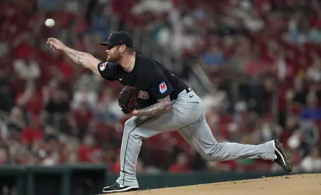 Cleveland Guardians starting pitcher Ben Lively throws during the first inning of a baseball game against the St. Louis Cardinals Friday, Sept. 20, 2024, in St. Louis. (AP Photo/Jeff Roberson)