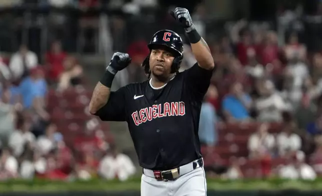 Cleveland Guardians' Jose Ramirez rounds the bases after hitting a three-run home run during the eighth inning of a baseball game against the St. Louis Cardinals Saturday, Sept. 21, 2024, in St. Louis. (AP Photo/Jeff Roberson)