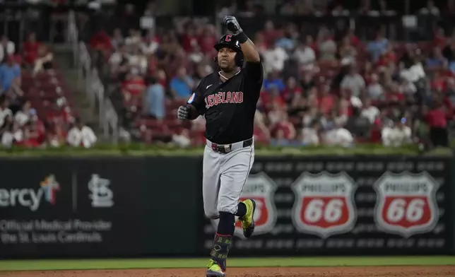 Cleveland Guardians' Jose Ramirez rounds the bases after hitting a three-run home run during the eighth inning of a baseball game against the St. Louis Cardinals Saturday, Sept. 21, 2024, in St. Louis. (AP Photo/Jeff Roberson)