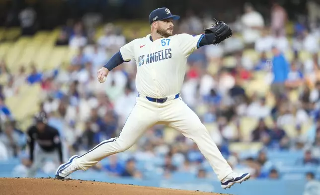 Los Angeles Dodgers starting pitcher Ryan Brasier throws during the first inning of a baseball game against the Cleveland Guardians in Los Angeles, Saturday, Sept. 7, 2024. (AP Photo/Ashley Landis)