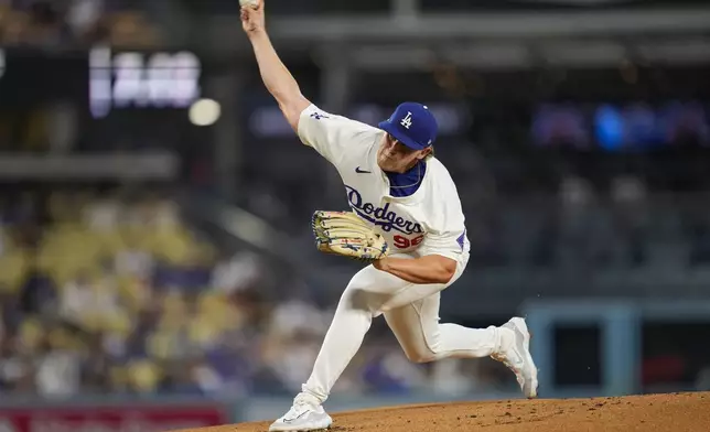 Los Angeles Dodgers starting pitcher Landon Knack throws during the first inning of a baseball game against the Cleveland Guardians in Los Angeles, Friday, Sept. 6, 2024. (AP Photo/Ashley Landis)