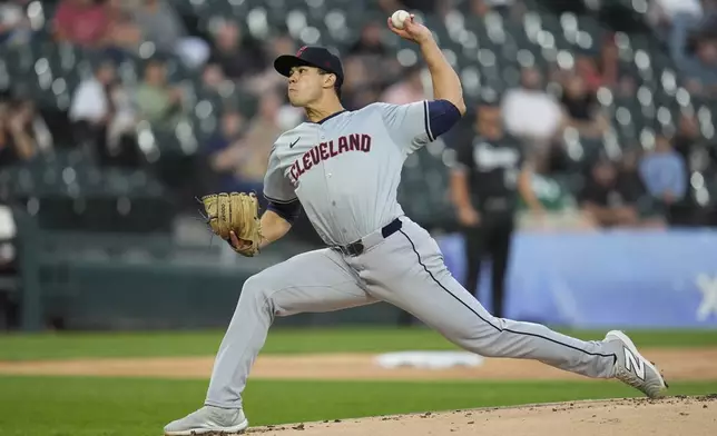 Cleveland Guardians starting pitcher Joey Cantillo throws against the Chicago White Sox during the first inning of a baseball game Monday, Sept. 9, 2024, in Chicago. (AP Photo/Erin Hooley)