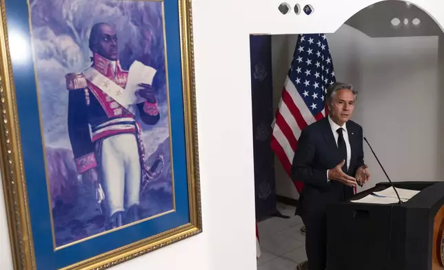 U.S. Secretary of State Antony Blinken gives a press conference at the end of his one-day visit to Haiti at the Toussaint Louverture International Airport in Port-au-Prince, Haiti, Thursday, Sept. 5, 2024. (Roberto Schmidt/Pool photo via AP)