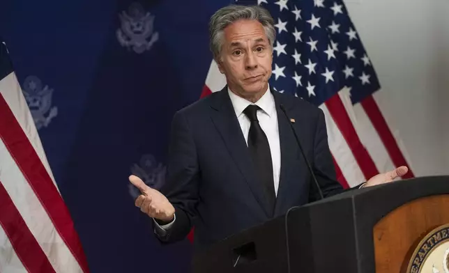 U.S. Secretary of State Antony Blinken gives a press conference at the end of his one-day visit to Haiti at the Toussaint Louverture International Airport in Port-au-Prince, Haiti, Thursday, Sept. 5, 2024. (Roberto Schmidt/Pool photo via AP)