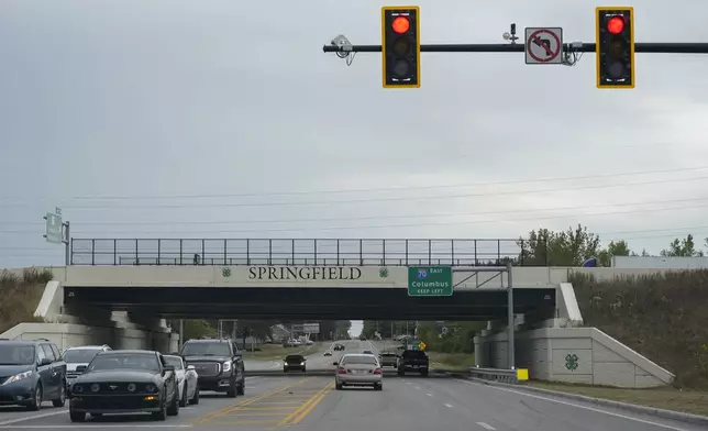 "Springfield" is displayed on the Interstate 70 overpass, Tuesday, Sept. 17, 2024, in Springfield, Ohio. (AP Photo/Carolyn Kaster)