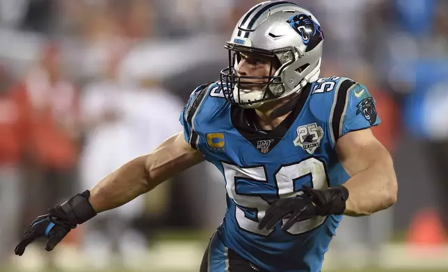 FILE - Carolina Panthers middle linebacker Luke Kuechly (59) runs a play against the Tampa Bay Buccaneers during the second half of an NFL football game in Charlotte, N.C., Thursday, Sept. 12, 2019. (AP Photo/Mike McCarn, File)