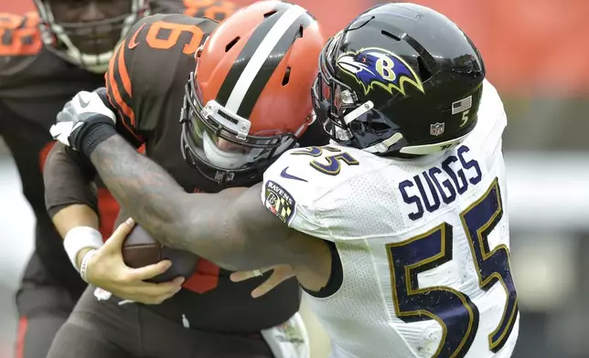 FILE - Baltimore Ravens linebacker Terrell Suggs (55) sacks Cleveland Browns quarterback Baker Mayfield (6) during the second half of an NFL football game, Sunday, Oct. 7, 2018, in Cleveland. (AP Photo/David Richard, File)