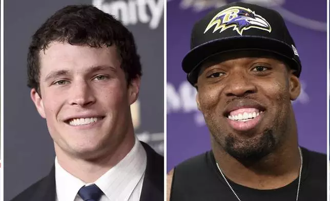 This combo of file photos shows, from left, two-time Super Bowl MVP Eli Manning, former Defensive Players of the Year Luke Kuechly and Terrell Suggs, and postseason kicking hero Adam Vinatieri, who are among the first-time nominees for the 2025 Pro Football Hall of Fame. (AP Photo/File)