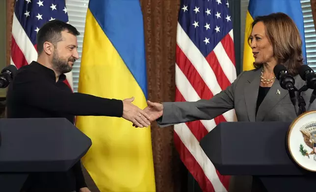 Vice President Kamala Harris meets with Ukraine's President Volodymyr Zelenskyy, Thursday, Sept. 26, 2024, in the vice president's ceremonial office inside the Eisenhower Executive Office Building on the White House complex in Washington. (AP Photo/Jacquelyn Martin)