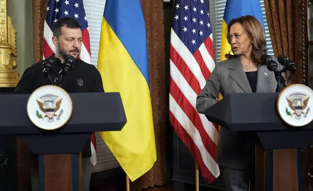 Vice President Kamala Harris meets with Ukraine's President Volodymyr Zelenskyy, Thursday, Sept. 26, 2024, in the vice president's ceremonial office inside the Eisenhower Executive Office Building on the White House complex in Washington. (AP Photo/Jacquelyn Martin)