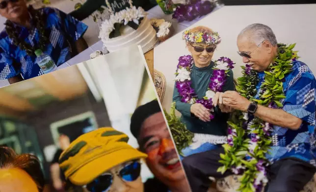 FILE - Photos of Sharlene Rabang, who was named as the 100th victim of the Lahaina wildfires after dying weeks after fleeing her home, Tuesday, Dec. 5, 2023, are seen at her husband Weslee Chinen's family home in Waipahu, Hawaii. (AP Photo/Lindsey Wasson)