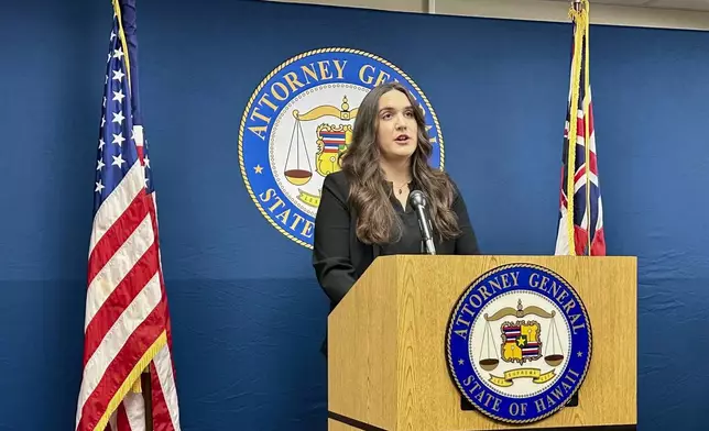 Hawaii Deputy Attorney General Ciara Kahahane, who grew up in Lahaina, discusses a wildfire investigation during a news conference in Honolulu on Friday, Sept. 13, 2024. (AP Photo/Jennifer Sinco Kelleher)