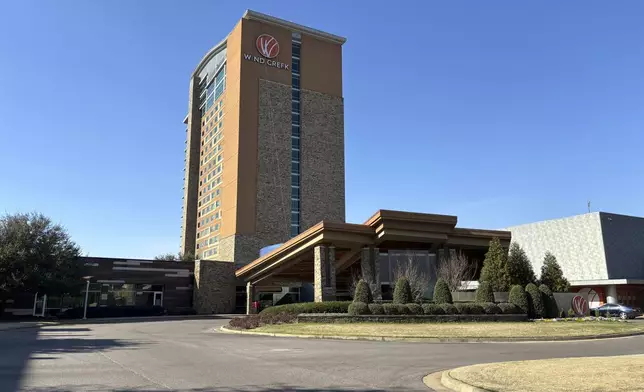 The Wind Creek Casino and Hotel is seen on Feb. 25, 2024, in Wetumpka, Ala., where the Oklahoma-based Muscogee (Creek) Nation contends Alabama's Poarch Band of Creek Indians broke their legal promise to preserve a historic Muscogee site when they acquired it in 1980. (AP Photo/Kim Chandler)