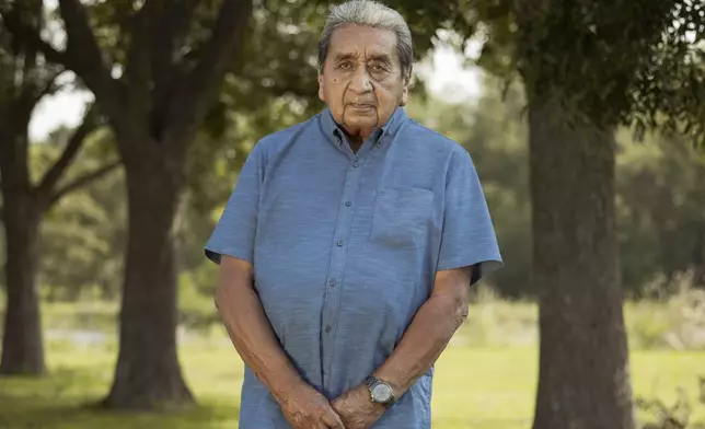 George Thompson, who is the Mekko, a ceremonial leader, of Hickory Ground in the Muscogee Nation poses for a photo, Aug. 21, 2024, in Okmulgee, Okla. (AP Photo/Brittany Bendabout)