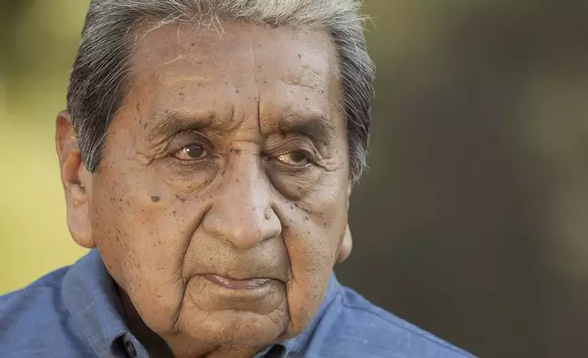 George Thompson, who is the Mekko, a ceremonial leader, of Hickory Ground in the Muscogee Nation poses for a photo, Aug. 21, 2024, in Okmulgee, Okla. (AP Photo/Brittany Bendabout)