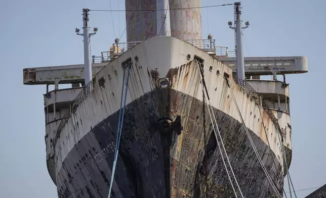 The S.S. United States is moored on the Delaware River in Philadelphia, Wednesday, Sept. 4, 2024. (AP Photo/Matt Rourke)