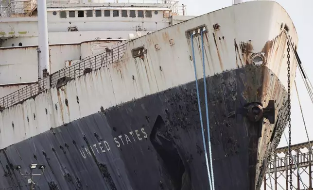 S.S. United States is moored on the Delaware River in Philadelphia, Wednesday, Sept. 4, 2024. (AP Photo/Matt Rourke)