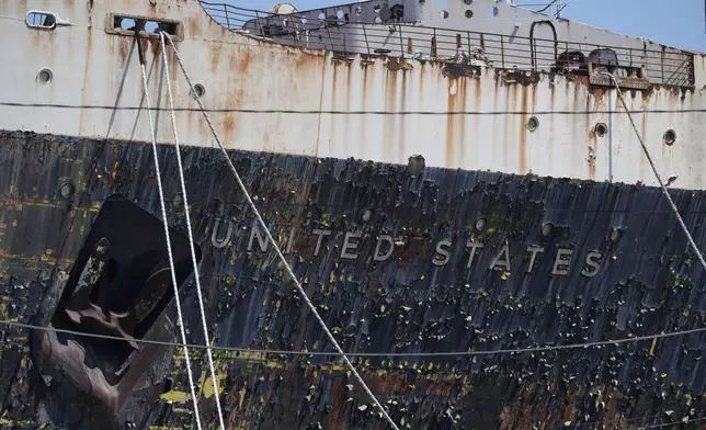 The S.S. United States is moored on the Delaware River in Philadelphia, Wednesday, Sept. 4, 2024. (AP Photo/Matt Rourke)