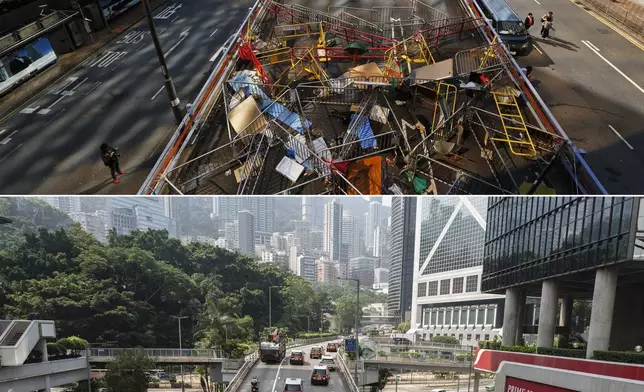 This combination image made from two photos shows barricades set up by pro-democracy protester on a main road at the occupied area outside government headquarters in Hong Kong Tuesday, Dec. 9, 2014, top, and the same area on Saturday, Sept. 28, 2024. (AP Photo/Kin Cheung, Chan Long Hei)