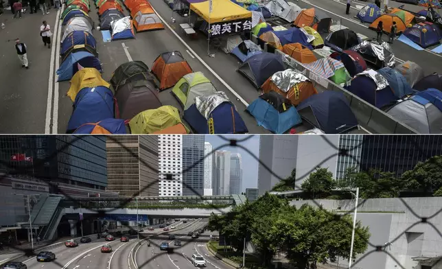 This combination image made from two photos shows tents set up by pro-democracy protesters in an occupied area outside the government headquarters in Hong Kong's Admiralty district Wednesday, Nov. 12, 2014, top, and the same site on Saturday, Sept. 28, 2024. (AP Photo/Vincent Yu, Chan Long Hei)