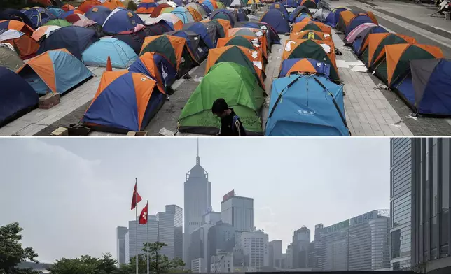 This combination image made from two photos show tents set up by pro-democracy protesters at an occupied area outside government headquarters in Hong Kong's Admiralty district in Hong Kong Friday, Nov. 14, 2014, top, the same place on Saturday, Sept. 28, 2024. (AP Photo/Vincent Yu, Chan Long Hei)