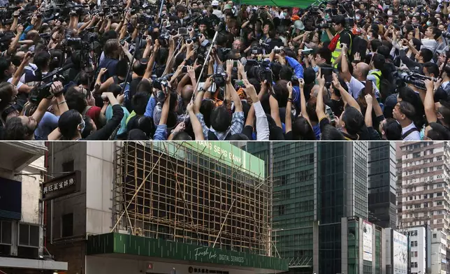 This combination image made from two photos shows workers clearing away a tent and other barricades at an occupied area in Mong Kok district of Hong Kong Tuesday, Nov. 25, 2014, top, and the same area on Saturday, Sept. 28, 2024. (AP Photo/Kin Cheung, Chan Long Hei)