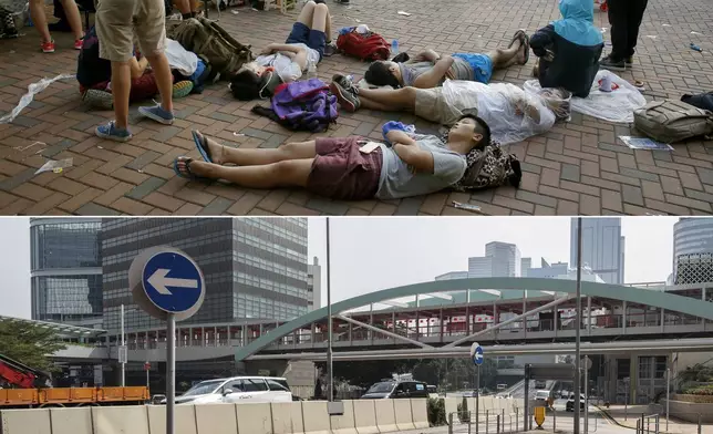 This combination image made from two photos shows student protesters occupy the streets surrounding the government headquarters in Hong Kong, early Monday, Sept. 29, 2014, top, and the same site on Saturday, Sept. 28, 2024. (AP Photo/Wally Santana, Chan Long Hei)