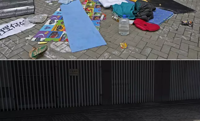 This combination image made from two photos shows items belonging to protesters littered on the ground after police officers clear the occupied area outside government headquarters in Hong Kong Thursday, Dec. 11, 2014, top, and the same area on Saturday, Sept. 28, 2024. (AP Photo/Kin Cheung, Chan Long Hei)