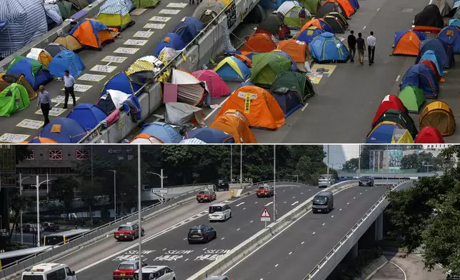 This combination image made from two photos shows tents set up by pro-democracy protesters in an occupied area outside the government headquarters in Hong Kong's Admiralty district in Hong Kong Tuesday, Nov. 11, 2014, and the same site on Saturday, Sept. 28, 2024. (AP Photo/Vincent Yu, Chan Long Hei)