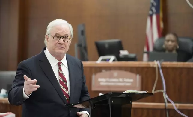 Defense attorney Mac Secrest speaks during closing arguments in the trial of former Houston police officer Gerald Goines in the 482nd District Court at the Harris County Criminal courthouse Tuesday, Sept. 24, 2024, in Houston. Goines faces two felony murder charges in the January 2019 deaths of Dennis Tuttle and Rhogena Nicholas. (Melissa Phillip/Houston Chronicle via AP)