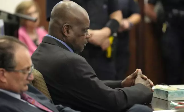 Former Houston police officer Gerald Goines sits during his felony trial in the 482nd District Court at the Harris County Criminal courthouse Tuesday, Sept. 24, 2024, in Houston. Goines faces two felony murder charges in the January 2019 deaths of Dennis Tuttle and Rhogena Nicholas. (Melissa Phillip/Houston Chronicle via AP)